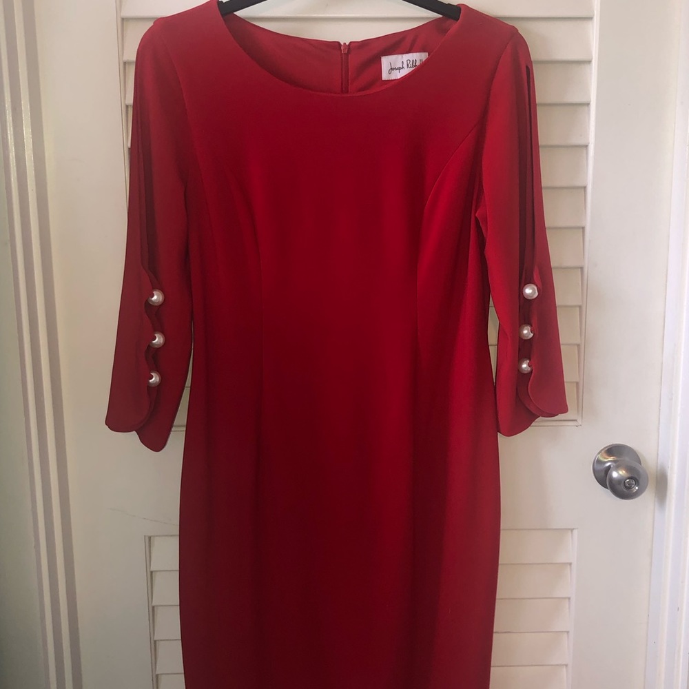 Joseph Ribkoff Cocktail Dress - Peek-a-boo sleeves with pearl trim.